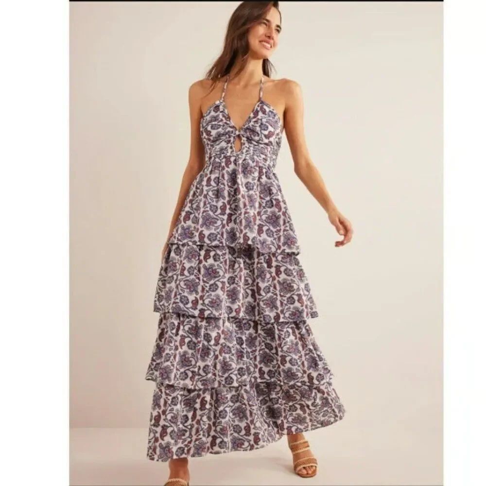 Boden Womens Maxi Dress UK 18R US 14 Blue Ruched Tiered Halterneck D0523 NWT